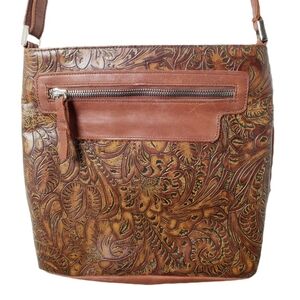 SAS Brown Embossed‎ Tooled Leather Crossbody Purse Shoulder Bag Made In USA